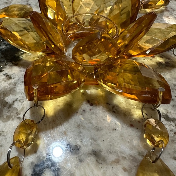 Vintage MCM Golden Amber Teardrop Crystal Lotus Blossom Candleholder Set Of 2 - Picture 1 of 10